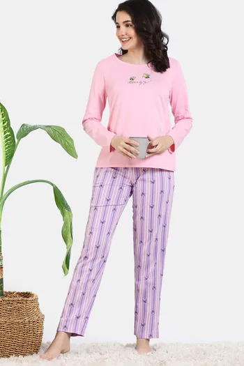 Buy Zivame Buzzers Knit Cotton Pyjama Set - Regal Orchid